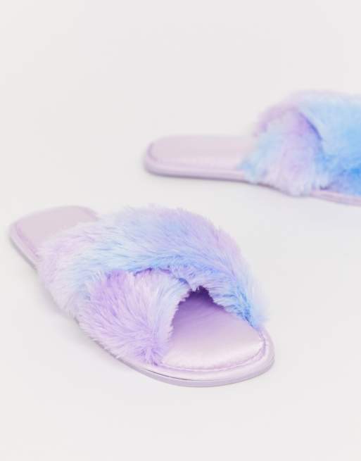 ASOS DESIGN Zippy cross strap satin slippers in lilac ombre fur ASOS