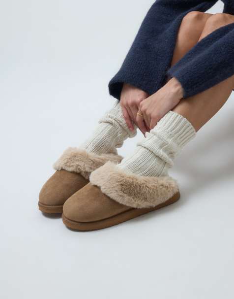 ASOS DESIGN Zippy cuffed closed toe slipper in chestnut suedette - view 1