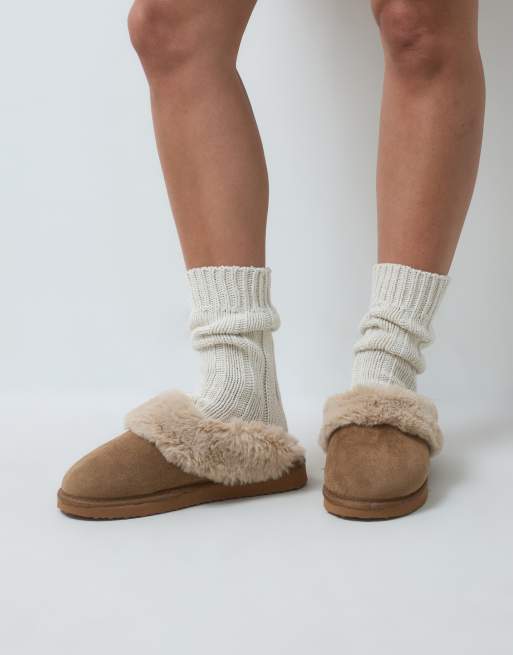 ASOS DESIGN Zippy cuffed closed toe slipper in chestnut suedette, 2 of 4