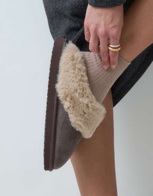 ASOS DESIGN Zippy cuffed closed toe slippers in chocolate suedette, 3 of 4