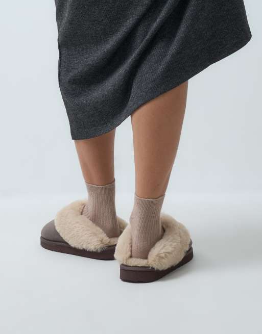 ASOS DESIGN Zippy cuffed closed toe slippers in chocolate suedette, 4 of 4