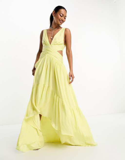 ASOS DESIGN – Zitronengelbes Maxikleid im Wickeldesign aus Satin mit nach hinten abfallendem Saum, 4 von 4