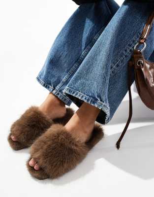 Asos Design Ziva Tipped Faux Fur Mule Slippers In Brown