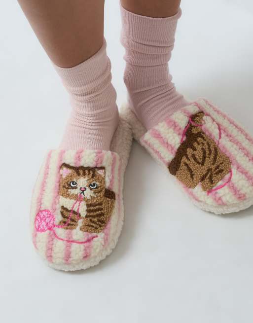 ASOS DESIGN Zizi embroidered cat slipper in pink and white stripe, 4 of 4