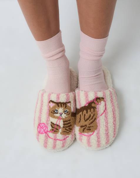 ASOS DESIGN Zizi embroidered cat slippers in pink and white stripe - view 1
