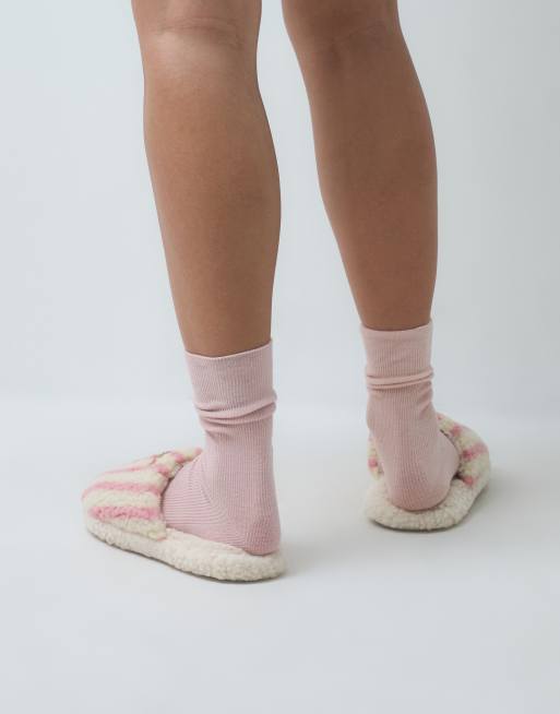 ASOS DESIGN Zizi embroidered cat slippers in pink and white stripe, 3 of 4