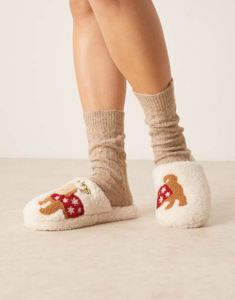ASOS DESIGN Zizi embroidered cavapoo slipper in cream borg - view 1