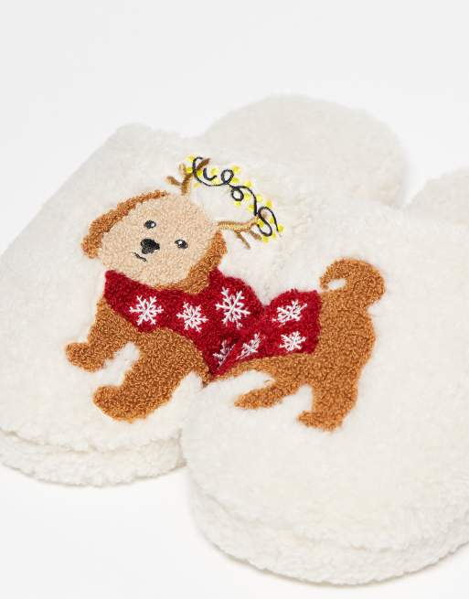 ASOS DESIGN Zizi embroidered cavapoo slipper in cream borg, 3 of 4