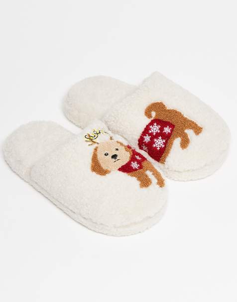 ASOS DESIGN Zizi embroidered cavapoo slippers in cream borg - view 1