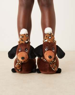 ASOS DESIGN - Zizzle - Dackel-Hausschuhe in Braun-Brown