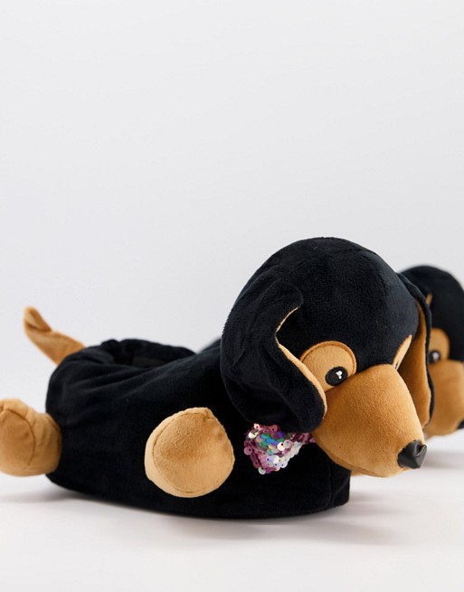 ASOS DESIGN Zizzle sausage dog slippers in black and tan