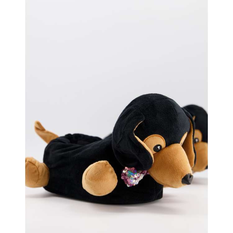 ASOS Zizzle sausage dog slippers in black and tan | ASOS