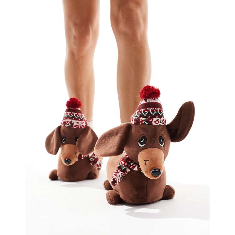 ASOS DESIGN Zizzle sausage dog slippers in brown