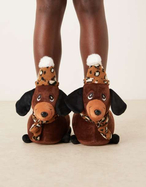 ASOS DESIGN Zizzle wiener dog slippers in brown - view 1