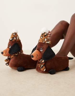 Asos Design Zizzle Wiener Dog Slippers In Brown