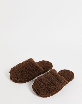 ASOS DESIGN Zoe quilted slider slippers in chocolate borg