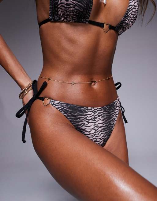 ASOS DESIGN Zoe tie side bikini bottoms with heart hardware in zebra, 3 of 4