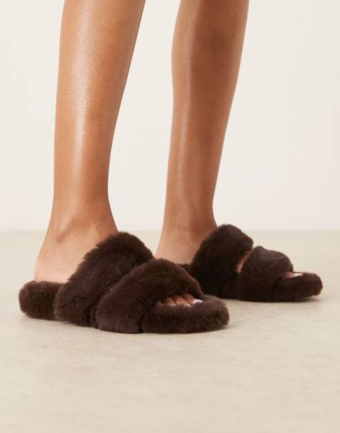 ASOS DESIGN Zoey double strap mule slipper in chocolate - view 1