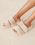 [ASOS DESIGN] ASOS DESIGN Zoey double strap mule slippers in beige-Neutral 41 STONE FUR
