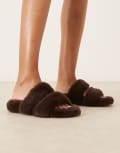 [ASOS DESIGN] ASOS DESIGN Zoey double-strap mule slippers in chocolate-Brown 37 BROWN FUR