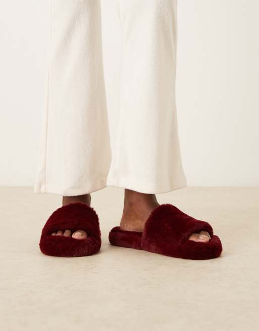 ASOS DESIGN Zofia mule slippers in burgundy fur