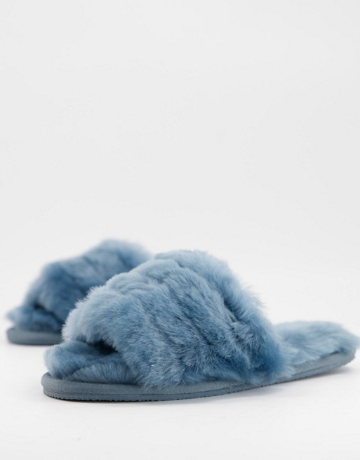 ASOS DESIGN Zola premium sheepskin slippers in blue