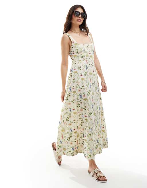 ASOS DESIGN - Zomerse maxi tennisjurk met naden en botanische bloemen print in crème