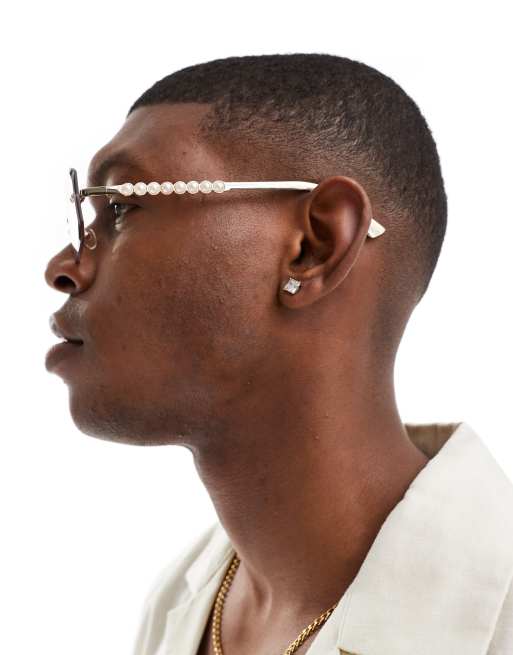 ASOS DESIGN - Zonnebril zonder montuur in goud met parel details, 4 van 4