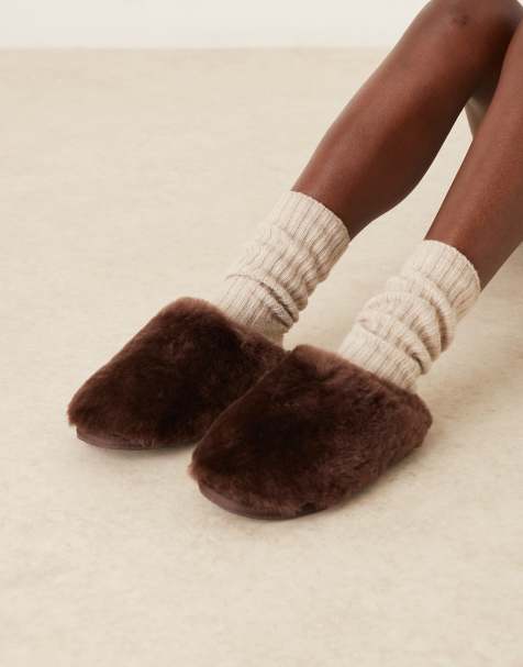 ASOS DESIGN Zori premium sheepskin mule in chocolate - view 1