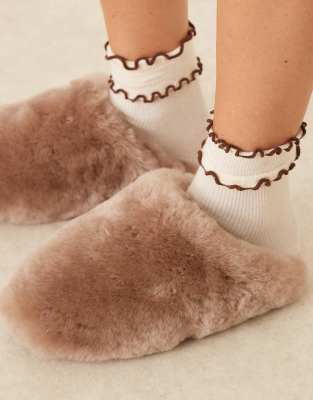 Asos Design Zori Premium Sheepskin Mules In Brown
