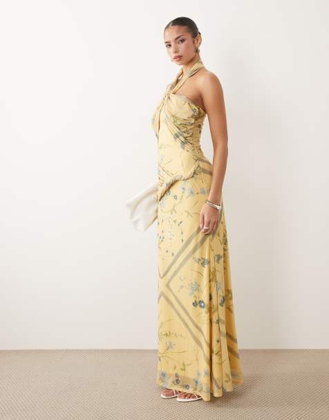 ASOS DESIGN – Żółta drapowana sukienka maxi z dekoltem typu halter w kwiatowy wzór - view 1