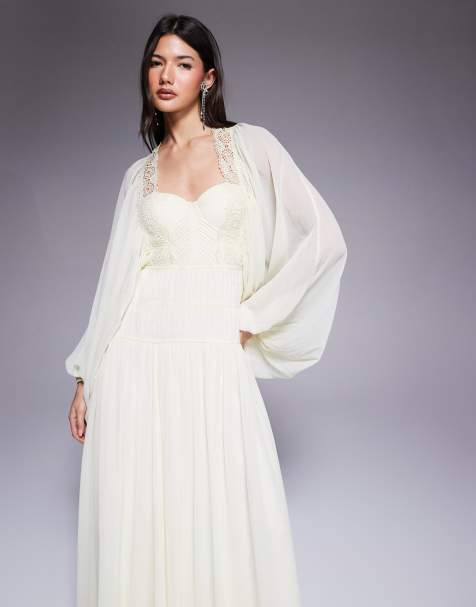 ASOS DESIGN – Żółta gorsetowa sukienka maxi z długimi rękawami i koronkowym zdobieniem - view 1