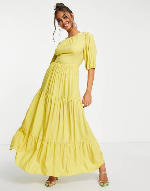 ASOS DESIGN – Żółta kaskadowa sukienka maxi ze skrzyżowanymi paskami na plecach