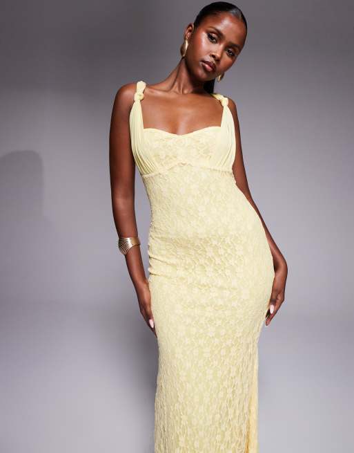 ASOS DESIGN – Żółta koronkowa sukienka maxi na ramiączkach z siateczkową wstawką