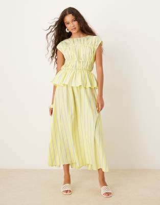 ASOS DESIGN – Żółta marszczona sukienka midi w paski - view 1