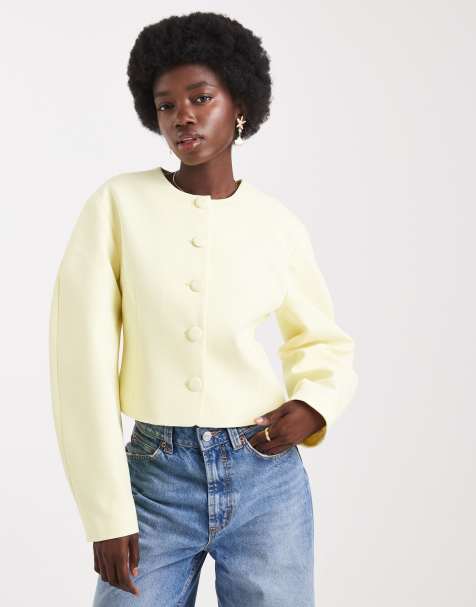 ASOS DESIGN cocoon sleeve collarless blazer in lemon co ord