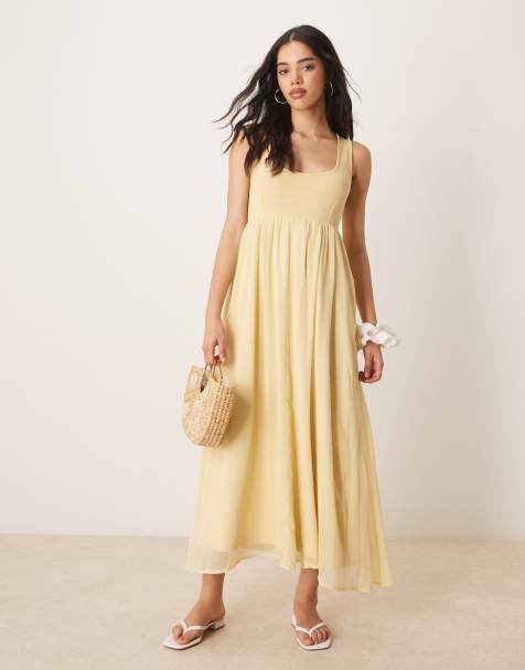 ASOS DESIGN – Żółta prążkowana u góry sukienka midi z szyfonową spódnicą - view 1