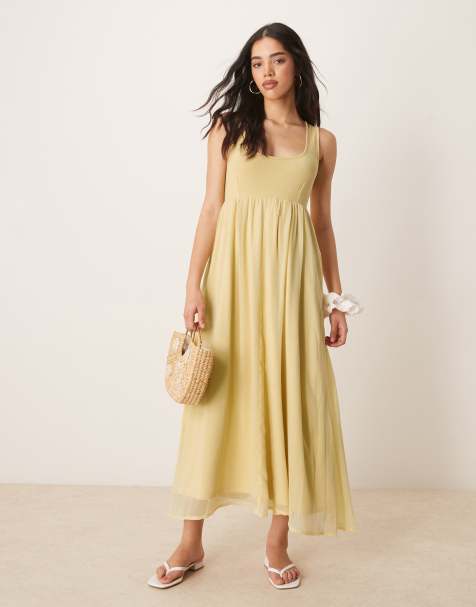 ASOS DESIGN micro rib bust with chiffon skirt midi dress in yellow