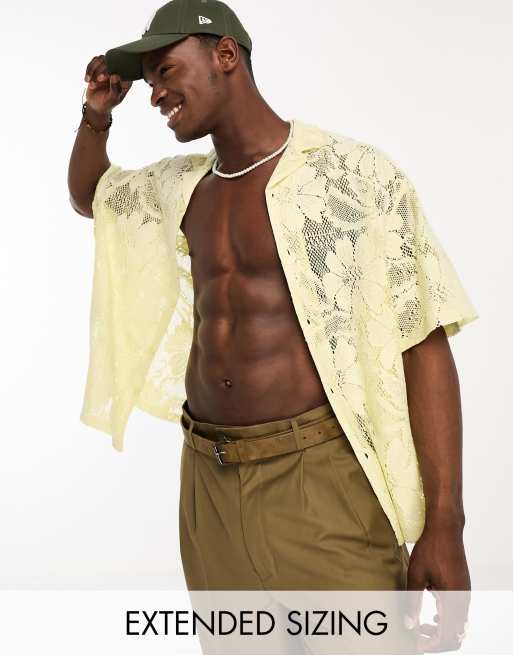ASOS DESIGN – Żółta pudełkowa koszula oversize z koronki z kołnierzykiem kubańskim