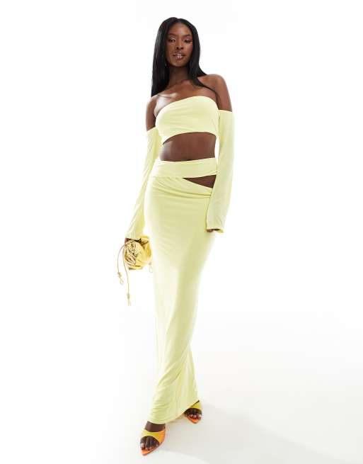 ASOS DESIGN – Żółta sukienka maxi z długimi rękawami, dekoltem bardot i wycięciem z boku