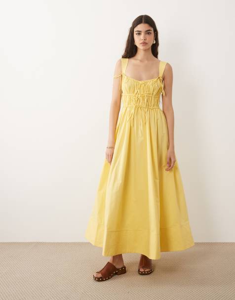ASOS DESIGN – Żółta sukienka maxi z marszczoną górą, pełną spódnicą i przeszyciami na dole - view 1