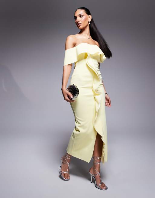 ASOS DESIGN – Żółta sukienka midi z dekoltem bandeau i falbankami z materiału nurek