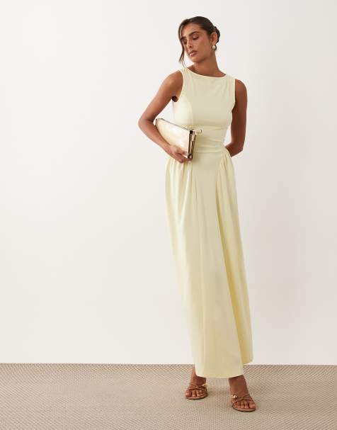 ASOS DESIGN – Żółta sukienka midi z dekoltem w łódkę i ozdobną talią - view 1