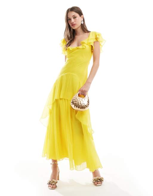ASOS DESIGN – Żółta sukienka midi z falbankami i rozkloszowanymi rękawami