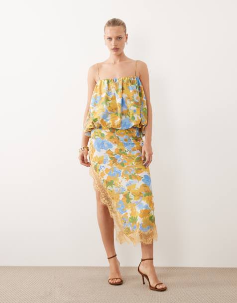 ASOS DESIGN bubble top lace applique midi dress in yellow floral
