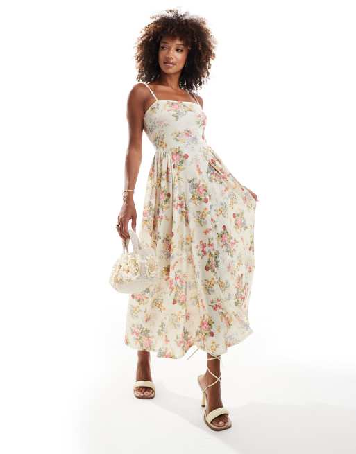 ASOS DESIGN – Żółta sukienka midi z kwadratowym dekoltem, pełną spódnicą i godetami w drobny wzór