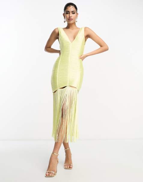 ASOS DESIGN – Żółta sukienka midi z wycięciem i frędzlami - view 1
