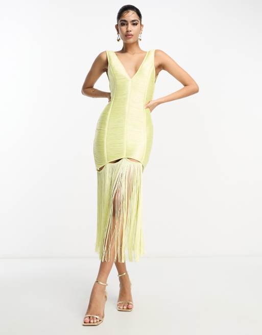 ASOS DESIGN – Żółta sukienka midi z wycięciem i frędzlami