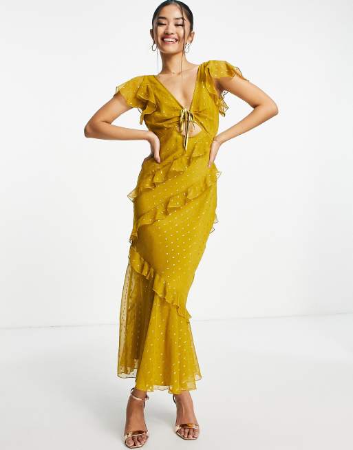 ASOS DESIGN – Żółta sukienka midi ze skosu z falbanką przy rękawach i ze wzorem