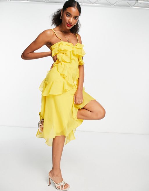 ASOS DESIGN – Żółta sukienka midi ze skosu z marszczonym tyłem | ASOS